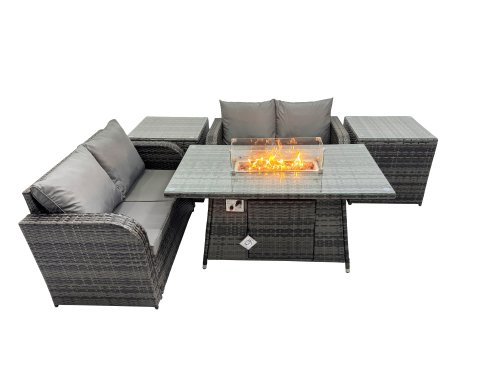 Fimous 4-seater Patio Gas Firpit Dining Table Sofa Sets Rattan Garden Furniture Dining Set with 2 Side Tables Dark Grey Mixed