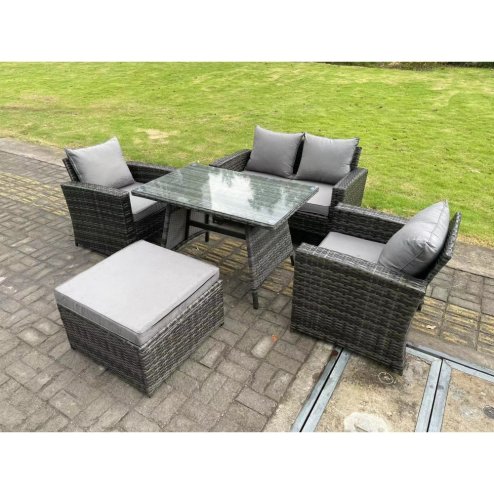 Fimous 5 Seater Outdoor Dark Grey Mixed High Back Rattan Sofa Dining Table Set Garden Furniture Big Footstool