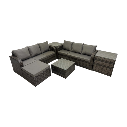 Fimous Rattan Garden Outdoor Furniture Set 3 Seater Sofa Square Coffee Table Set with Big Stool 2 Side Table Dark Grey Mixed