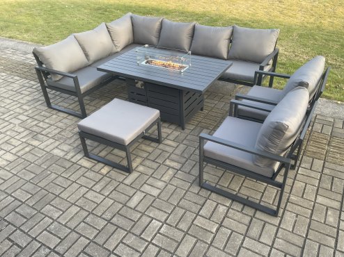 Fimous Aluminium Outdoor Garden Furniture Corner Sofa Gas Fire Pit Dining Table Sets Gas Heater Burner with 2 Chairs Big Footstool Dark Grey 9 Seater