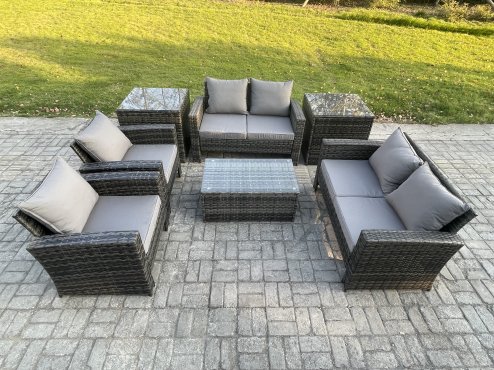 Fimous Garden Furniture Sets 7 Pieces Outdoor Rattan Furniture Manual Wicker Patio Sofa Chair Set with Coffee Table 2 Side Tables Dark Grey Mixed