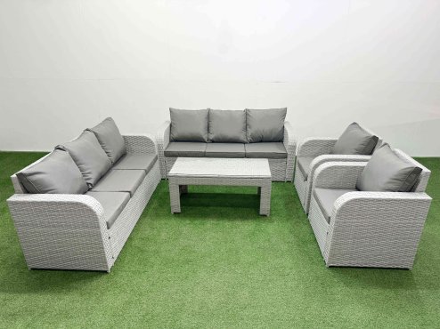 Fimous PE Rattan High Back Lounge Sofa Set Patio Oblong Coffee Table & Chairs Set with 3 Seater Sofa Reclining Chair Light Grey