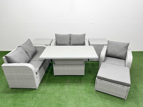 Fimous High Back Poly Rattan Garden Furniture Set with Reclining Chair Loveseat Sofa Adjustable Lifting Dining or Coffee Table Indoor Outdoor Patio Set Big Stool 2 Side Table Light Grey
