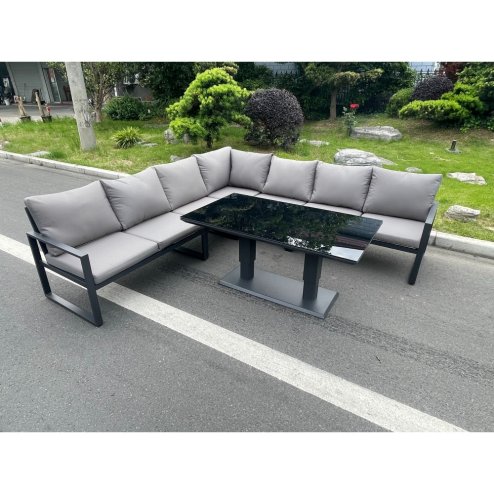 Fimous Aluminum Outdoor Garden Furniture Corner Sofa Adjustable Rising Lifting Dining Table Sets Black Tempered Glass Dark Grey 7 Seater