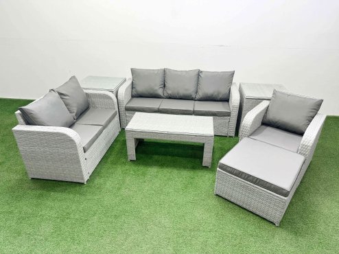 Fimous Patio PE Wicker 7 Seater Outdoor Rattan Furniture Sofa Sets with Oblong Coffee Table Reclining Chair Loveseat Sofa 3 Seater Sofa Big Footstool 2 Side Table Light Grey Image