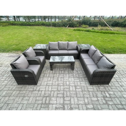 Fimous Wicker PE Rattan Sofa Set Outdoor Patio Garden Furniture with Reclining Chair Coffee Table 2 Side Tables Dark Grey Mixed