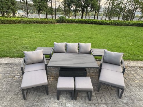 Fimous Aluminium Garden Furniture Sets 9 Seater Outdoor Sofa Set with Adjustable Rising Lifting Dining Table 2 Chairs 4 Footstools Side Table