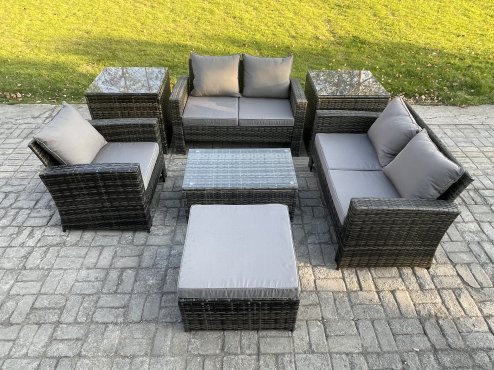 Fimous Rattan Garden Furniture Set 6 Seater Patio Outdoor Lounge Sofa Chair Set with 2 Side Tables Rectangular Coffee Table Big Footstool Dark Grey Mixed