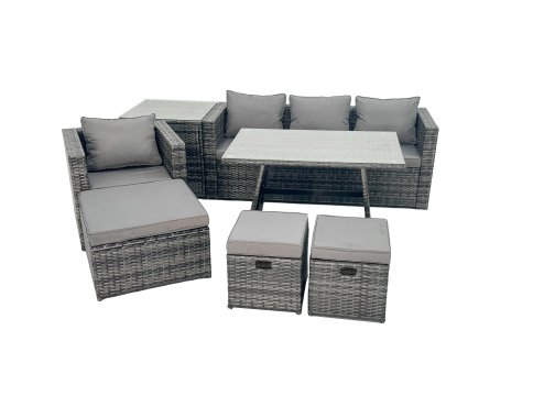 Fimous Rattan Dining Table Sofa Armchair Set with Side Table 3 Footstools Outdoor Garden Furniture Set Dark Grey Mixed