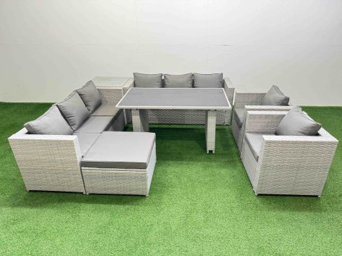 Fimous 9 Seater Wicker PE Rattan Furniture Outdoor Dining Table 3 Seater Sofa Armchair Set with Side Table Big Stool Light Grey
