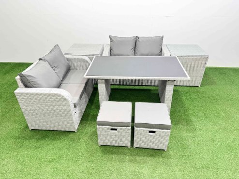 Fimous 7 Pieces Outdoor PE Rattan Sofa Set Patio Garden Furniture Sets with Cushions 2 Side Tables 2 Small Stools Light Grey