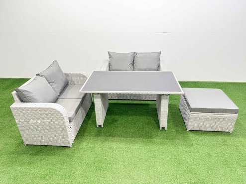 Fimous 4 Pieces Outdoor PE Rattan Sofa Set Patio Garden Furniture Sets with Cushions Big Stool Light Grey