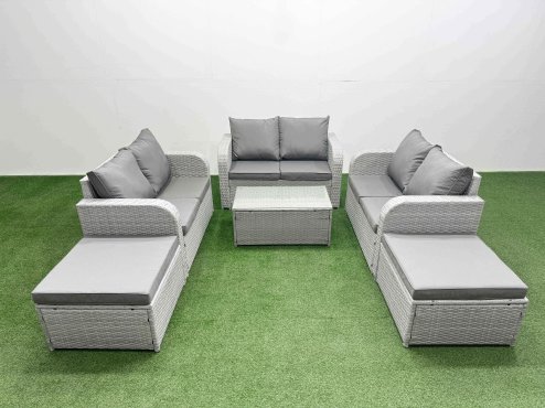 Fimous 8 Seater PE Wicker Rattan Furniture Sofa Sets with Rectangular Coffee Table 2 Seater Love Sofa 2 Big Footstool Light Grey
