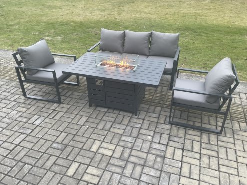 Fimous Aluminium Outdoor Garden Furniture Set Gas Fire Pit Dining Table Set Gas Heater Burner with 2 Arm Chair Dark Grey 5 Seater