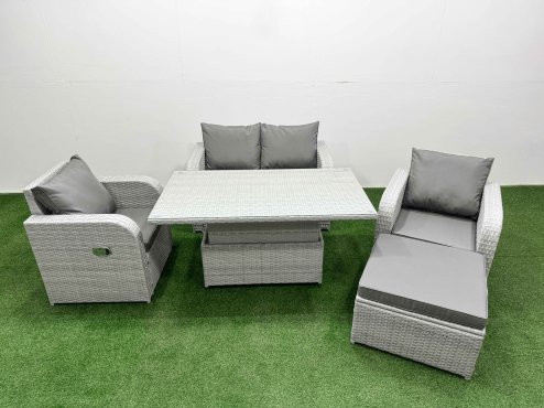 Fimous Light Grey PE Wicker Rattan Garden Furniture Set Sofa Set Reclining Chair Adjustable Lifting Dining or Coffee Table 5 Seater With Footstool