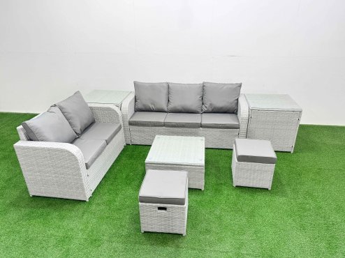 Fimous 7 Seater PE Rattan Wicker Garden Furniture Patio Conservatory Sofa Set with Square Coffee Table 3 Seater Sofa Love Sofa 2 Stools 2 Side Table