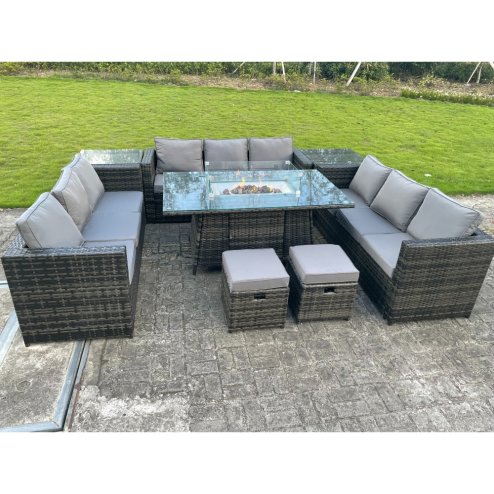 Fimous Outdoor Rattan Garden Corner Furniture Gas Fire Pit Table Gas Heater Sets Side Tables Small Footstools Dark Grey 11 Seater