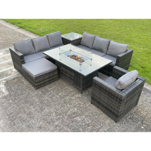 Fimous Rattan Garden Corner Furniture Gas Fire Pit Table Dining Sets Gas Heater Lounge Chair Big Footstool Side Coffee Table