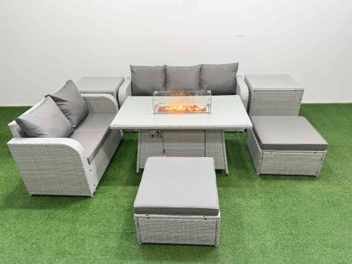 Fimous 7 Seater PE Rattan Wicker Garden Furniture Patio Conservatory Sofa Set with Firepit Dining Table 3 Seater Sofa Love Sofa 2 Big Footstool 2 Side Table