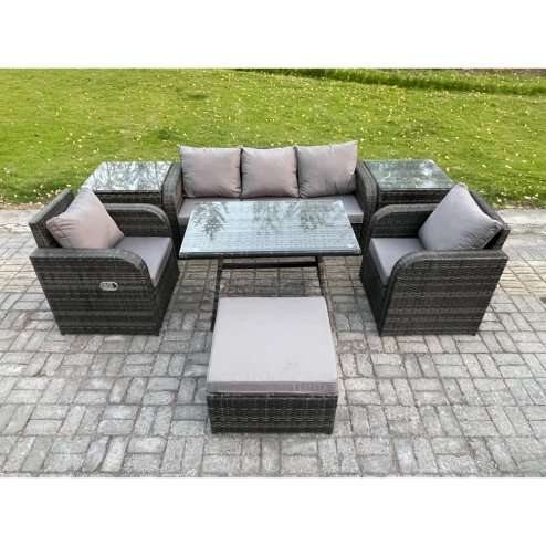 Fimous 6 Seater Rattan Wicker Garden Furniture Patio Conservatory Sofa Set with Rectangular Dining Table Reclining Chair 3 Seater Sofa Big Footstool 2 Side Tables