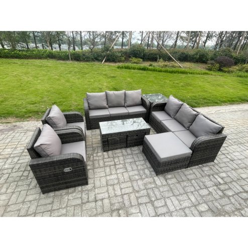 Fimous 11 Seater Wicker PE Rattan Sofa Set Outdoor Patio Garden Furniture with 2 Reclining Chairs Coffee Table Side Table 3 Footstools Dark Grey Mixed