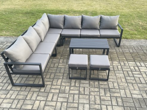 Fimous Aluminium Patio Outdoor Garden Furniture Lounge Corner Sofa Set with Oblong Coffee Table 2 Small Footstools Dark Grey