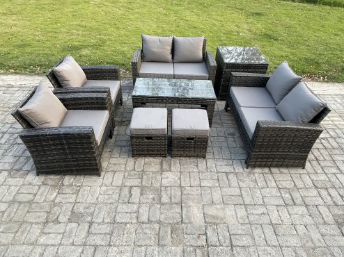 Fimous 8 Seater Dark Grey Mixed High Back Rattan Sofa Set Coffee Table Garden Furniture Outdoor Patio With Love Sofa Arm Chairs Side Table 2 Small Footstools