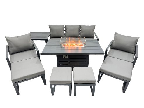 Fimous 9 Seat Outdoor Garden Furniture Set Aluminium Lounge 3 Seat Sofa Gas Fire Pit Table Sets with Chair 4 Stools Side Table Dark Grey