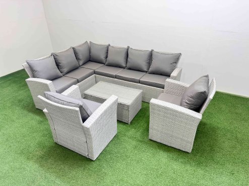 Fimous 8 Seater Garden Outdoor PE Rattan Furniture Set Rattan Garden Sofa Set with 2 Chair Light Grey Mixed