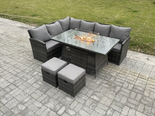 Fimous Rattan Garden Furniture High Back Corner Sofa Gas Fire Pit Dining Table Sets Gas Heater with 2 Small Footstools 8 Seater Dark Grey Mixed