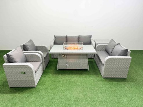 Fimous PE Rattan Garden Furniture Set Reclining Chair Sofa Double Love Seat 2 Seater Sofa Lounge Set Firepit Dining Table Side Table Light Grey