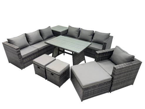 Fimous Outdoor Corner Sofa Chair Dining Table Set Garden Rattan Furniture Set 10 Seater with Side Table 3 Stools Dark Grey
