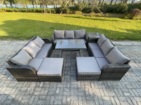 Fimous Rattan Garden Furniture Set 11 Seater Patio Outdoor Lounge Sofa Set with Side Table Rectangular Dining Table 2 Big Footstool Dark Grey Mixed