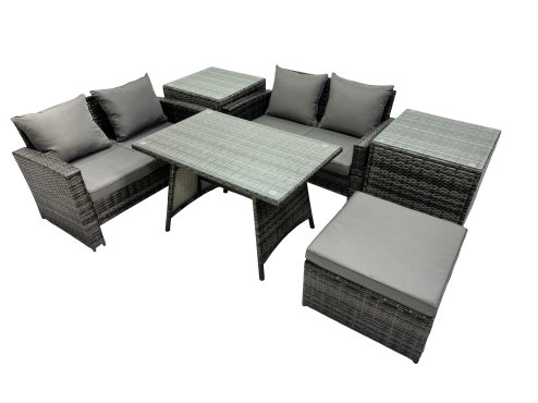 Fimous 5 Seater Wicker PE Rattan Furniture Outdoor Dining Table Double Seat Sofa Big Stool 2 Side Table Set Dark Grey Mixed