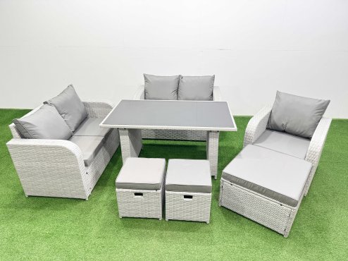 Fimous Rattan Sofa Outdoor Furniture with Dining Table,Love Sofa,3 Stools Patio Furniture Light Grey 8 Seater