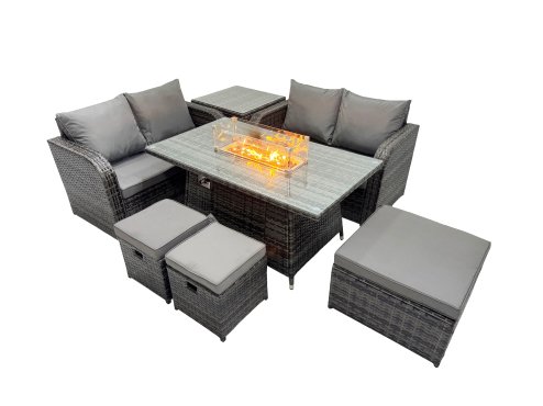Fimous 7-seater Patio Gas Firpit Dining Table Sofa Sets Rattan Garden Furniture Dining Set with 3 Stools Side Table Dark Grey Mixed