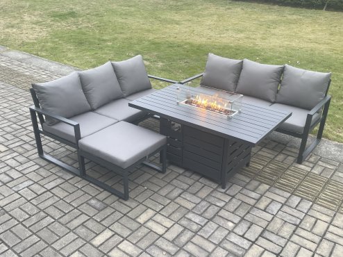 Fimous Aluminium 7 Seater Outdoor Garden Furniture Lounge Sofa Set Gas Fire Pit Dining Table with Big Footstool Dark Grey