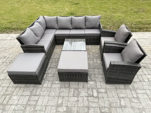 Fimous 10 Seater Outdoor Garden Furniture Set Wicker PE Rattan Corner Sofa Set with Square Coffee Table 2 Big Footstool 2 Armchairs Dark Grey Mixed