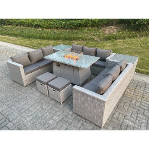 Fimous Light Grey U Shape Lounge Sofa Dining Set With Gas Fire Pit Heater Burner With 2 PC Side Coffee Tea Table Stools