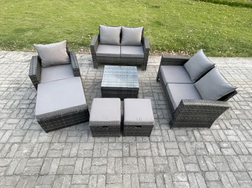 Fimous 8 Seater Outdoor Rattan Garden Furniture Set Conservatory Patio Sofa Coffee Table Set with Chair 3 Footstools Dark Grey Mixed