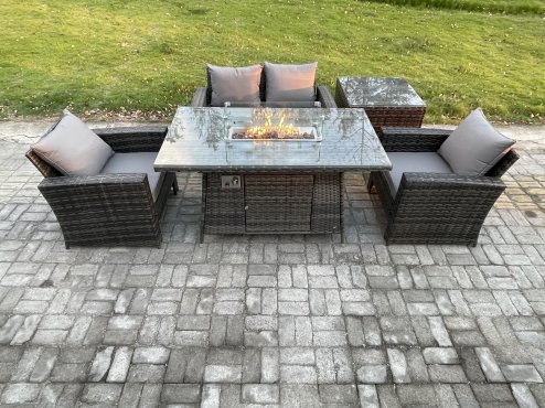 Fimous 4 Seater?Outdoor Rattan Sofa Set Garden Furniture Gas Firepit Dining Table Heater with Side Table Dark Grey Mixed