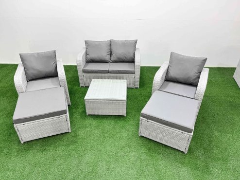 Fimous Light Grey PE Wicker Rattan Garden Furniture Set Sofa Set Reclining Adjustable Chair Square Coffee Table 6 Seater 2 Big Stools Image