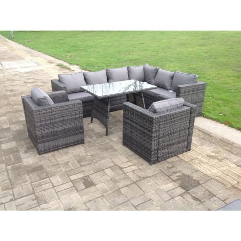 Fimous Rattan Corner Sofa Set Garden Furniture With 2 Chairs And Dining Table Right Hand