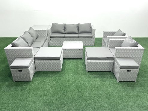 Fimous Garden Outdoor Furniture Set 12 Seater Rattan Sofa Set with 4 Footstools Side Table Light Grey Mixed