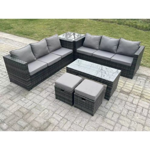 Fimous Outdoor Rattan Garden Furniture Lounge Sofa Set With Oblong Rectagular Coffee Table Side Coffee Table 2 Stools