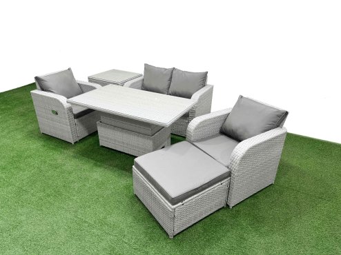 Fimous Light Grey PE Wicker Rattan Garden Furniture Set Sofa Set Reclining Chair Adjustable Lifting Dining or Coffee Table 5 Seater With Footstool Side Table