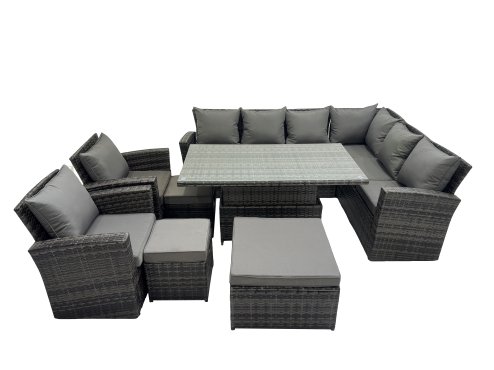 Fimous 11 Seat Rattan Garden Furniture Corner Sofa Set Outdoor Adjustable Lifting Dining or Coffee Table Set with 3 Footstools Dark Grey Mixed