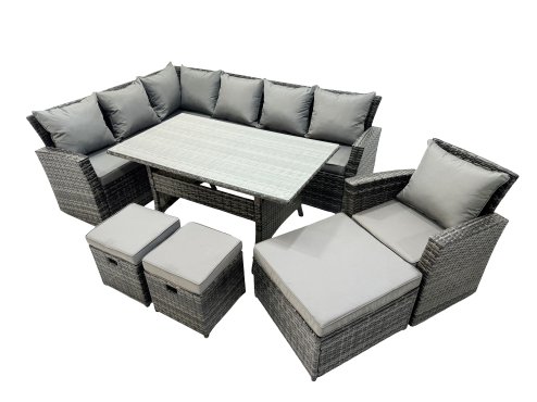 Fimous 10 Seat Rattan High Back Corner Sofa Set Patio Dining Table Set with 3 Stools Chair Dark Grey Mixed