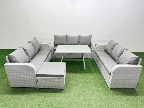 Fimous 10 Seat Outdoor PE Rattan Garden Furniture with Cushions 3 Seater Sofa 2 Side Tables Big Stool Light Grey
