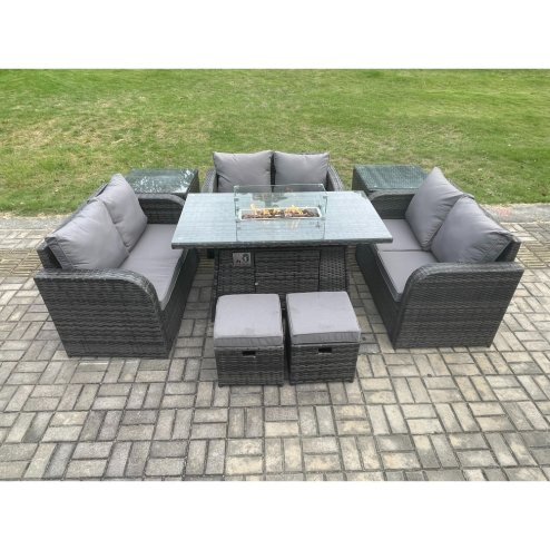 Fimous 8 Seater Outdoor Rattan Furniture Garden Dining Set Gas Fire Pit Table with Side Table Love Sofa 2 Small Footstools Dark Grey Mixed